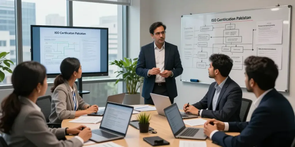 ISO Certification in Pakistan consulting session with a diverse team collaborating on strategies.