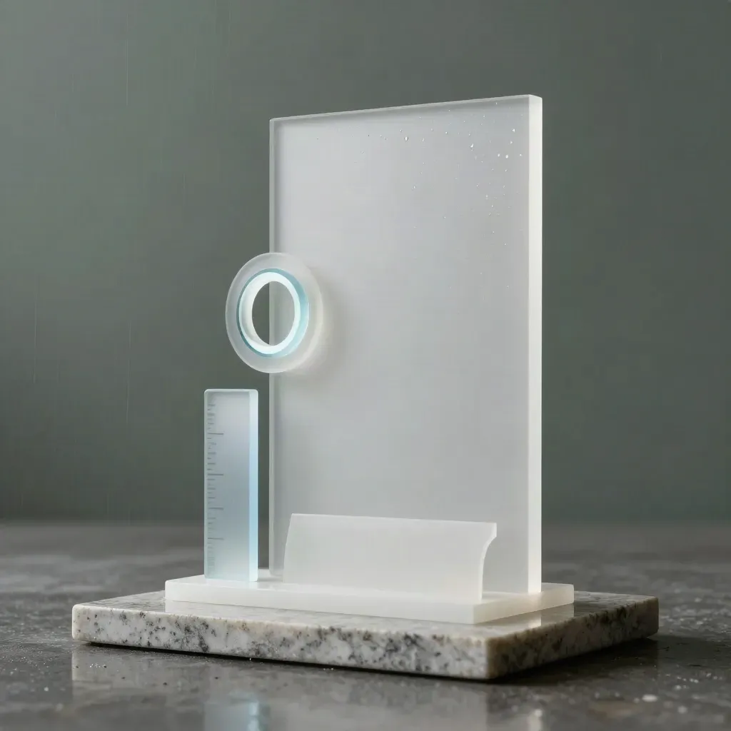 Monumental acrylic offer software sculpture with popup block, coupon chip, analytics ring and banner strip.