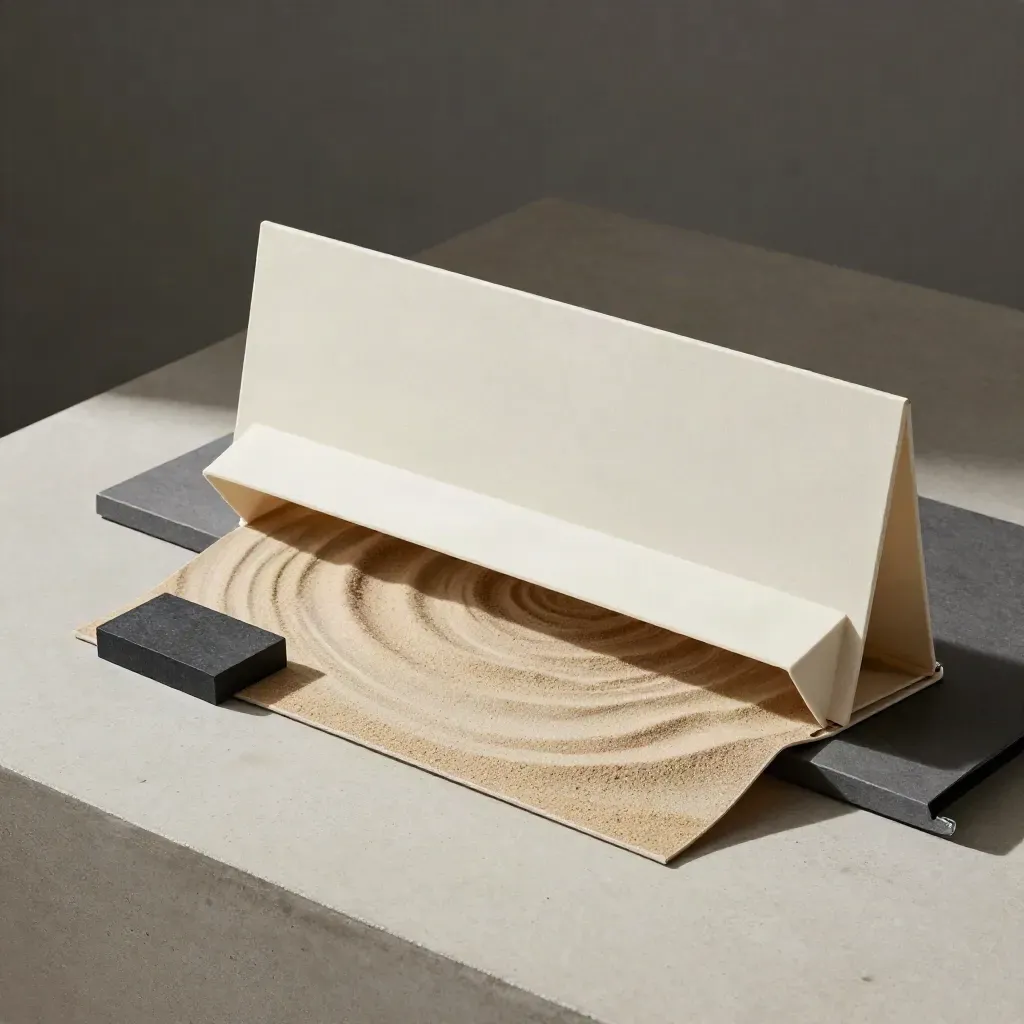 Cream popup kit half-open in sand linen on concrete, with charcoal tabs and soft haze