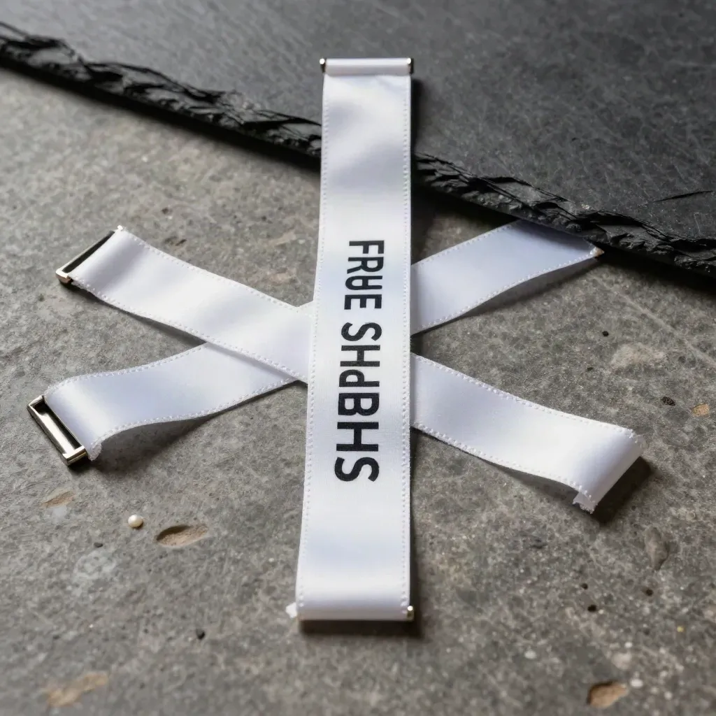 Overhead macro of white banner strips and steel rails on brushed stone with slate backdrop.