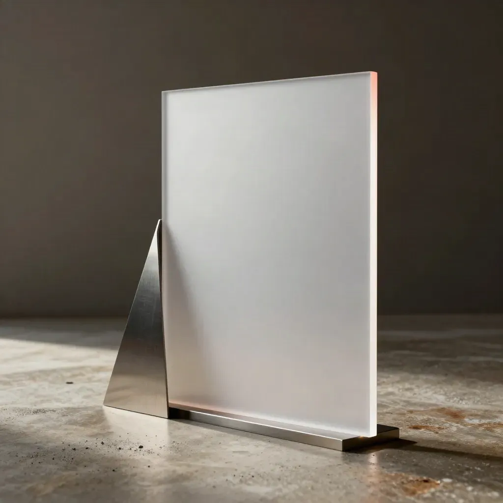 Low-angle launch page slab with folded strip and metal prism on warm concrete.