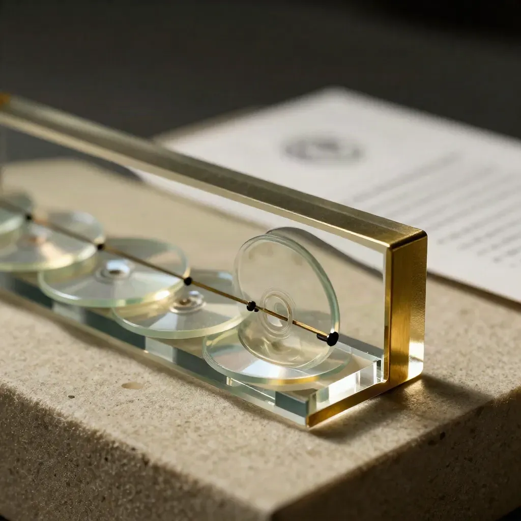 Macro of a polished acrylic coupon-code sculpture with brass edge and aligning token discs.