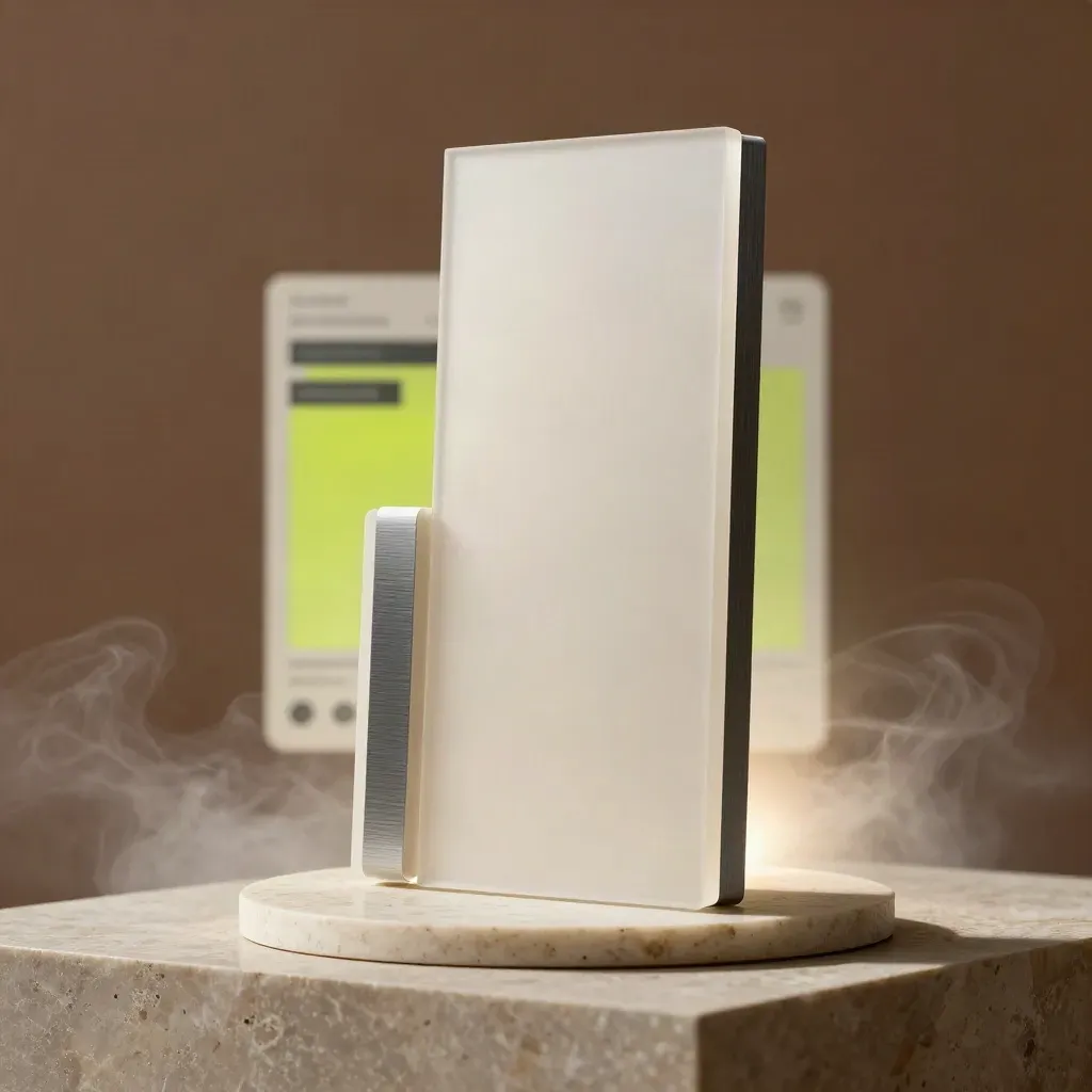 Tall product-page monolith with strip and rounded base on travertine, rim-lit in haze.