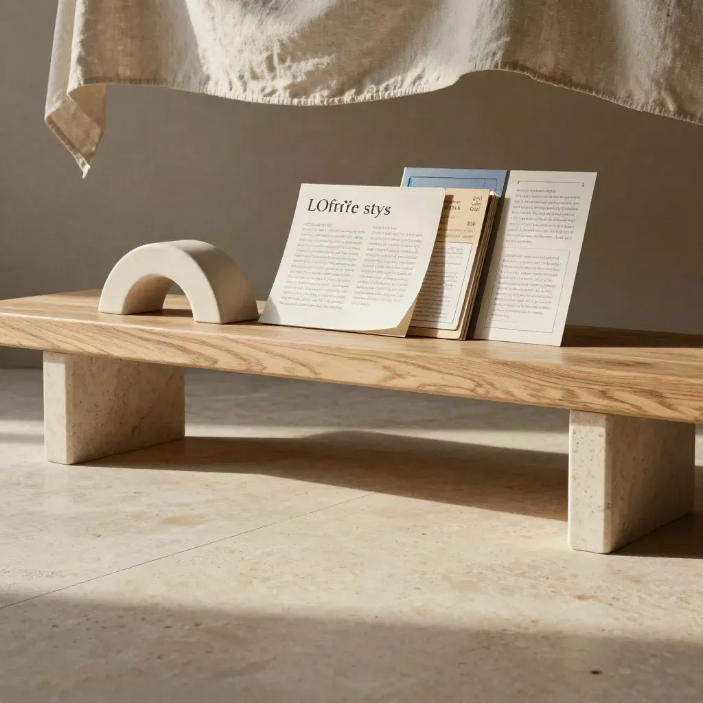 Sunlit travertine and oak with layered template forms under linen canopy